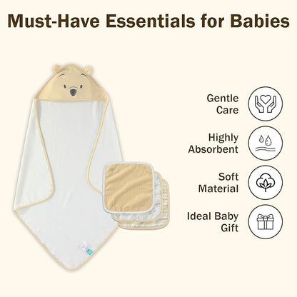 Disney Baby Winnie The Pooh Unisex Hooded Baby-Bath Towel with 3 Washcloths Set for Newborn and Infants