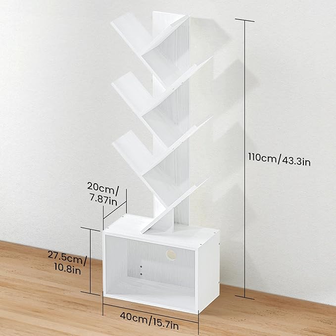 6 Tier Tree Bookshelf, Sturdy Retro Floor Standing Wood Bookcase, Storage Rack for Home Office, Living Room, Bedroom, Reading Spot, Heavy Book Organizer Shelves for CDs/DVDs/Movies, White