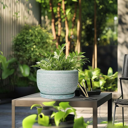 SQOWL Ceramic Pots for Plants - 10 Inch Ceramic Planter for Indoor Outdoor, Modern Round Flower Pot with Drainage Hole and Saucer, Large Planter, Home Office Decor, Gifts for Plant Lovers, Green