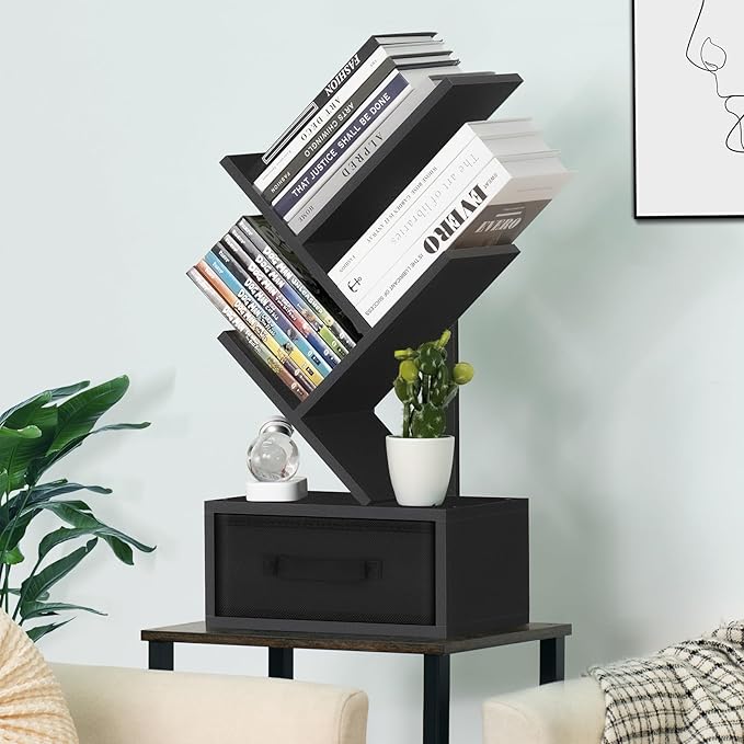 Small Book Shelf with Drawer,4 Tier Black Tree Bookshelf,Wooden Desktop Bookcase,Modern Desk Display Storage Bookshelves,Floor Standing Organizer Bookcases for Living Room,Bedroom,Office