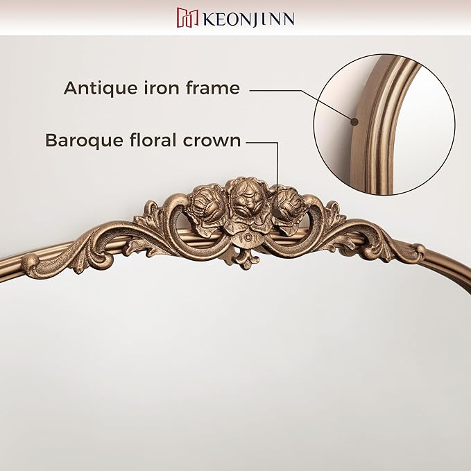 Keonjinn Vintage Gold Mirror, 40" x 30" Large Arched Mirrors with Metal Frame for Wall, Brass Baroque Mirror, Ornate Decorative Mirror for Mantle, Bathroom, French Cleat Mounting