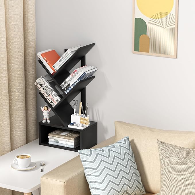 Small Tree Book Shelf,5 Tier Black Tree Bookshelf,Black Desktop Bookcase,Modern Desk Display Storage Bookshelves,Floor Standing Organizer Bookcases for Living Room,Bedroom,Office