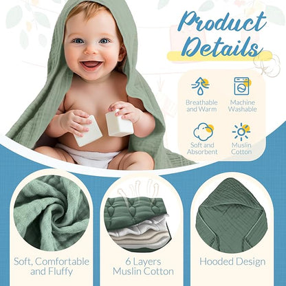 VitalCozy 12 Pcs Baby Muslin Hooded Bath Towels and Washcloths, Muslin Hooded Baby Towels Absorbent Blankets for Gift Newborn Infant Shower (Green Blue Gray)