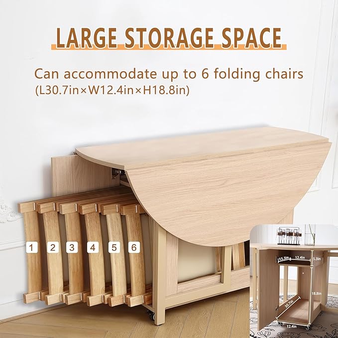 47.3" Round Folding Dining Table for 4-8, Wood Kitchen Foldable Dining Table Large Drop Leaf Dinner Table with Storage Shelf Metal Legs for Home Dining Room Living Room in Wood Color