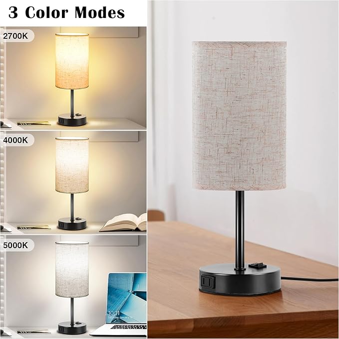 ZJOJO Table Lamp for Bedroom Set of 2, Bedside Small Lamps with 3 Way Dimmable Rocker Switch and AC Outlet, Nightstand Desk Lamp with Flaxen Fabric Shade Black Base for Living Room Home Decor Lights