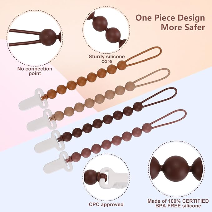 4-Pack Silicone Pacifier Clips with One-Piece Beads for Baby Boys and Girls - Flexible and Rust-Free Holders for Teething Relief and Baby Essentials, Safe for Newborns (Brown)