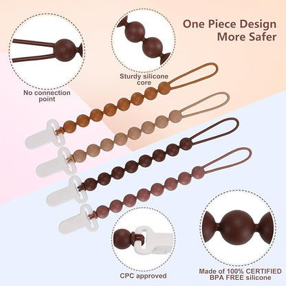 4-Pack Silicone Pacifier Clips with One-Piece Beads for Baby Boys and Girls - Flexible and Rust-Free Holders for Teething Relief and Baby Essentials, Safe for Newborns (Brown)