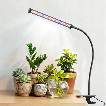 LED Grow Light, 5700K Full Spectrum Clip Plant Growing Lamp with Red Blue White LEDs for Indoor Plants, 5-Levels Dimmable, Auto On Off Timing 4/8/12/18Hrs(Single Head)