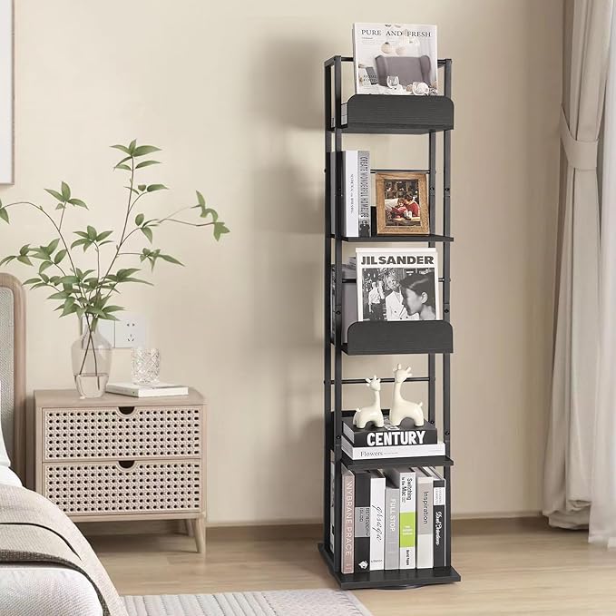 Bikoney Rotating Bookshelf, 5-Tier Bookshelves Tower for Corner, Small Narrow Bookcase, Tall Industrial Bookshelf, Wood and Metal Black
