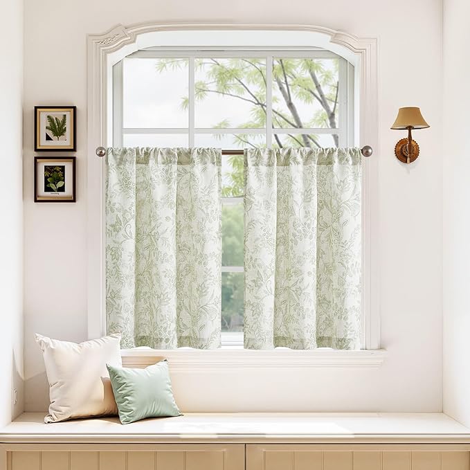 jinchan Floral Kitchen Curtains for Windows 30 Inch Farmhouse Linen Blend Tier Curtains Light Filtering Botanic Small Window Drapes for Bedroom Living Room Rod Pocket 2 Panels Sage Green on Beige