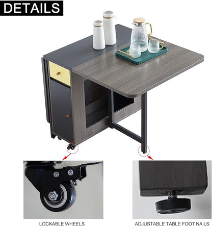 Folding Dining Table Set for 4, Foldable Kitchen Dinner Table and 2 Chairs Set, Extendable Space Saving Drop Leaf Table with Wheels and Storage