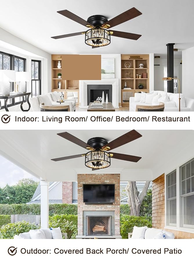 52" Flush Mount Crystal Ceiling Fan with Lights and Remote, Rustic Chandelier Ceiling Fan Low Profile Farmhouse Fandelier Light for Bedroom Living Room Kitchen, 3 E12 Bulbs (Not Included)