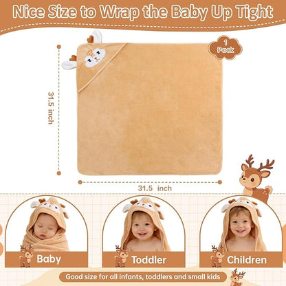 Hooded Baby Towel, Premium Soft Coral Fleece Baby Towel for Baby, Newborns, Toddlers, Infant- Ultra Absorbent, Natural Baby Stuff Towel with Hood for Boys and Girls (Brown Deer)
