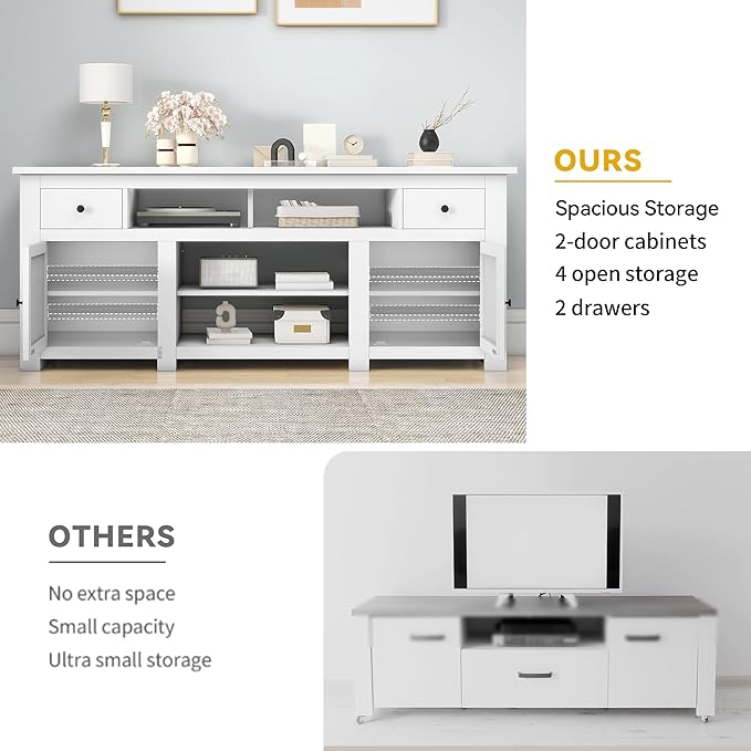 DWVO Farmhouse TV Stand for 75/80 Inches TVs, Entertainment Centers Furniture 30" Tall, TV Consoles with Storage Drawers & Power Outlet, Rustic TV Stands for Living Room, White