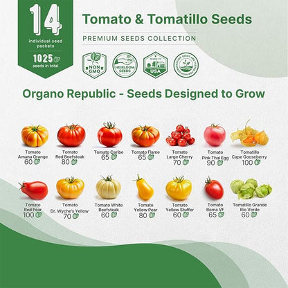 Organo Republic 14 Rare Tomato & Tomatillo Garden Seeds Variety Pack - 1,020+ Non-GMO Heirloom Tomato & Tomatillo Seeds for Outdoors & Indoor Home Gardening