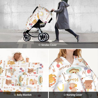 Personalized Baby Car Seat Cover with Name, Customized Cute Animal Peekaboo Opening Car Seat Canopy for Baby Girls Boys, Nursing Covers Breastfeeding Scarf, Stroller Canopies for Newborn Infant
