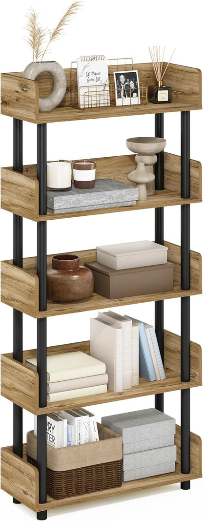 Furinno Turn-N-Tube 5-Tier Multipurposes Display Rack, Open Shelf Rack/Storage with back & side panel, Flagstaff Oak/Black