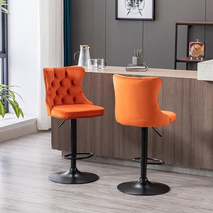PacknWood Acosure Swivel Velvet Barstools Adjusatble Seat Height from 25-33" with 17.7" Base and Backs Comfortable Tufted,Modern Upholstered Bar Chairs for Home Pub Kitchen,Orange,Set of 2