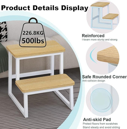 Step Stool for Adults & Kids,Holds up to 500Lbs,Heavy Duty Sturdy Steping Stool for Kichen/Bathroom/High beds, Wooden&Metal Frame, Non-Slip Rubber Pads