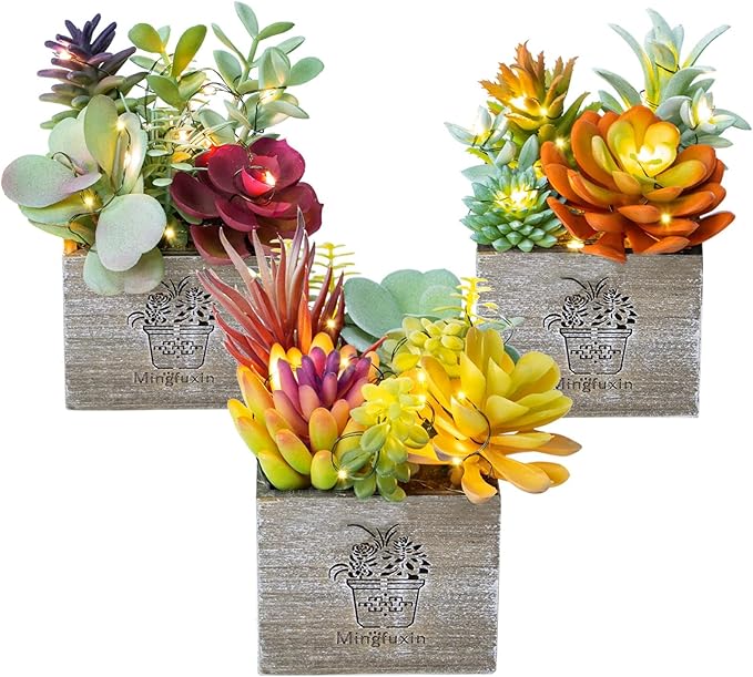 Mingfuxin Succulents Plants Artificial, Small Faux Plants with Lights, Assorted Decorative Fake Succulent Potted for Office Desk Bathroom Bedroom Shelves Windows Room Decor