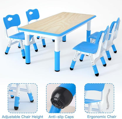 Kids Table and 4 Chairs Set，Height Adjustable Children Table & Chair，Toddlers Study Multi-Activity Table with 47.2"x23.6" Wipe-Clean Desktop，for Classrooms, Homes & Daycares