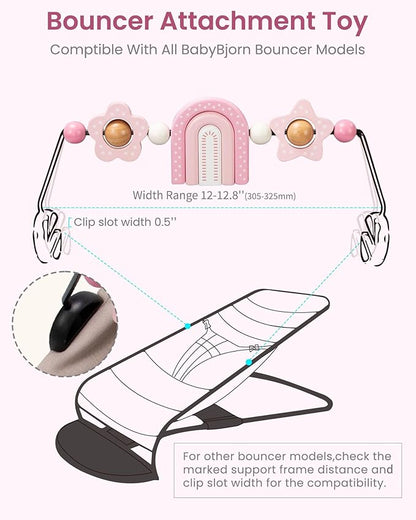 TinlyFinly Baby Bouncer Toy Bar Wooden Compatible with Baby Bjorn Bouncers, Bouncer Toy Attachment, Tight and Secure Fit, So Fun to Watch, Touch and Spin for Babies All Ages (Pink Rainbow)
