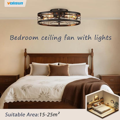 VOLISUN Caged Ceiling Fan with Light and Remote,19.7 inch Fandelier Ceiling Fan with Light Flush Mount, Farmhouse Bladeless Ceiling Fans with Lights for Kitchen,Bedroom