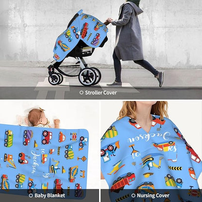 Custom Baby Car Seat Canopy for Babies with Name, Personalized Construction Truck Baby Car Seats Covers for Boys, Opening Minky Nursing Breastfeeding Stroller Cover Infant Carseat Canopies for Newborn