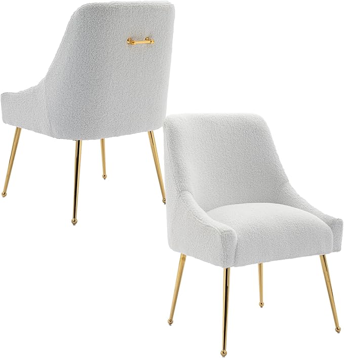 Dining Chairs Medieval Modern Restaurant Chairs, Soft Cushions, Teddy Velvet, Polished Gold Metal Legs, Kitchen Chairs, Living Room White 2-Piece Set