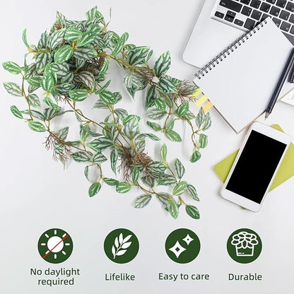 Artificial Hanging Ivy Plants Realistic 3D Watermelon Texture Fake Peperomia Leaves Faux Potting Vine Green Plants for Indoor Outdoor Home Garden Decor
