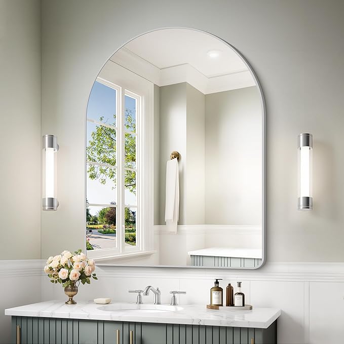 Arched Bathroom Mirror, 30"x40" Silver Arched Mirror, Wall Mounted Mirror, Silver Vanity Wall Mirror w/Metal Frame for Bedroom, Entryway, Living Room, Vertically Hanging or Leaning Against