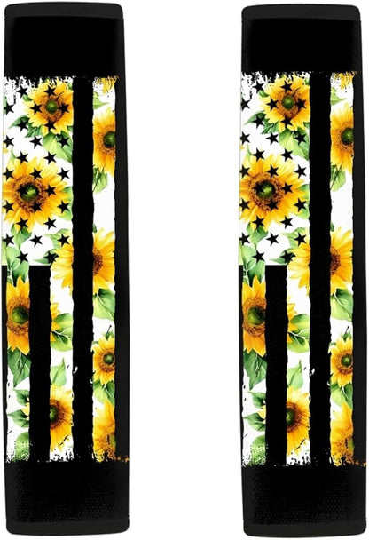 AFPANQZ 2 Pack American Flag Sunflowers Car Seat Belt Covers for Adults Safety Seatbelt Pad Cushion Adjustable Universal for Most Car Laptop Backpack Luggage Bag Straps Pads Patriotic Yellow