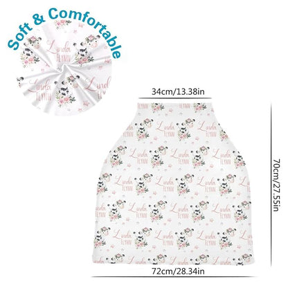 Personalized Baby Car Seat Cover for Girls, Custom Floral Cow Pink Nursing Covers with Name, Universal Fit, Water Resistant, Polyester, White