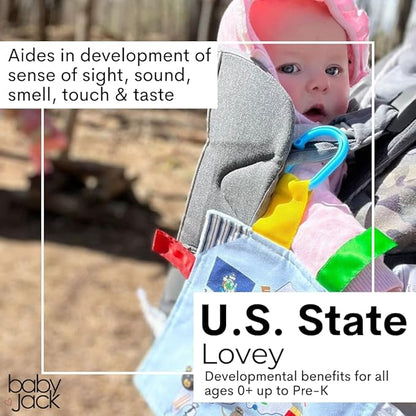 Baby Jack & Co 8x8” Learning Lovey Tennessee State Tag Stroller Toy for Babies - Crinkle Toys for Developing Five Senses - Learn About Capitals - Travel with Baby Jack - BPA Free Clip