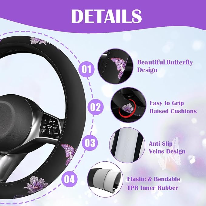 CAR PASS Butterfly Steering Wheel Cover and Waterproof Car Floor Mats,Purple Car Mats 14.5-15inch Steering Wheel Covers Universal Fit for Suvs,Sedans Cars,for Women Girl(Black and Purple)