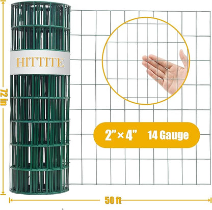 Green PVC Coated Welded Wire Fencing, 72in High x 50ft Long, 2 inch x 4 inch 14GA 2/3/4/5/6 Ft Tall Welded Wire Fence Rolls, Green Metal Garden Fence Wire Roll Garden Fencing for Yard