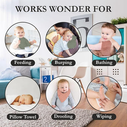 100% Cotton Baby Burp Cloths 10"x10" (8 Pack) Snuggle Comfort Muslin Washcloths - Newborn Baby Must Haves & Registry Gifts - Easy to Clean Cloth for Babies, New Born Boy & Girl (Fern)