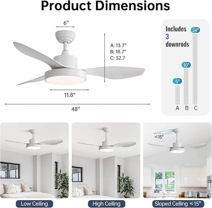 48 Inch Ceiling Fan with Lights Flush Mount Modern Energy-Efficient Outdoor Ceiling Fans with Remote,3 CCT Dimmable Quiet DC Motor & Timer for Patio/Bedroom/Farmhouse (White, 48 Inch/Smart Control)