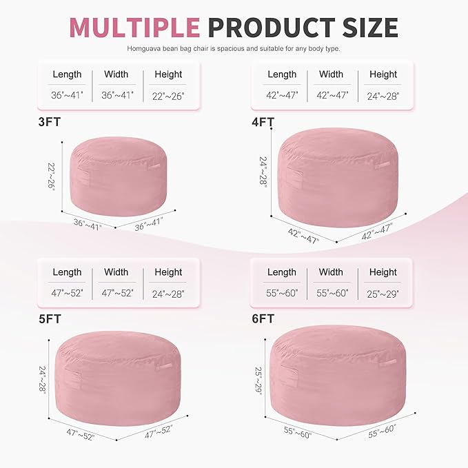 Homguava 4 FT Bean Bag Chair: 4' Bean Bags with Memory Foam Filled, Large Beanbag Chairs Soft Sofa with Dutch Velvet Cover-Light Pink