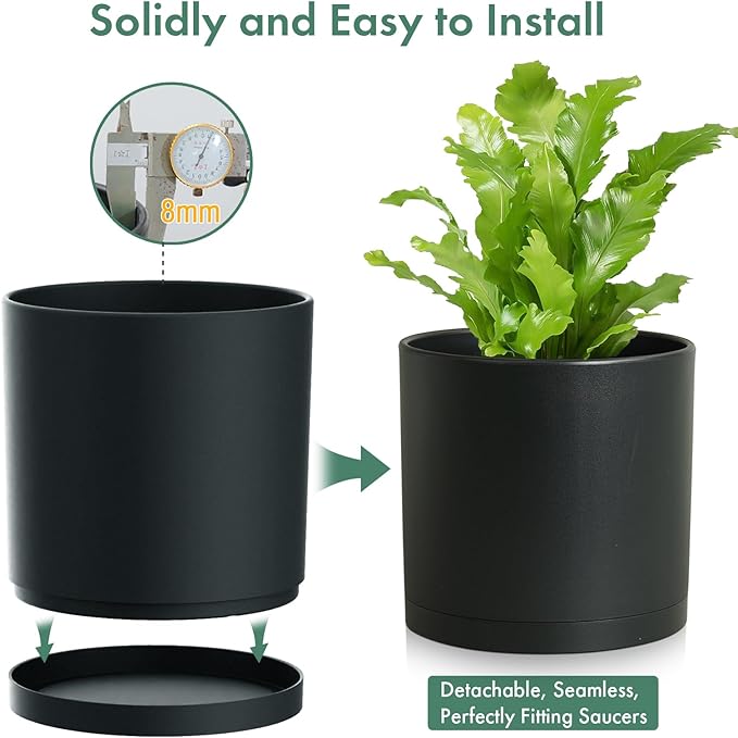 Cylinder 12 inch Plant Pots, Mordern Plastic Planters with Drainage Holes and Saucers for Indoor Outdoor Plants Flowers, Black