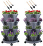 GameXcel Vertical Planter 4 Tier Stackable Planters Garden Planters Strawberry Herb Flower and Vegetable Planter Indoor Outdoor Gardening Pots with Removable Wheels and Tools