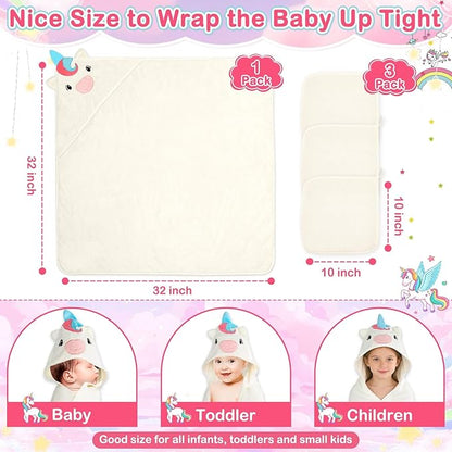 Flasoo 4 PCS Baby Towels Set, Soft Absorbent Baby Hooded Bath Towel, 1 Baby Towel and 3 Baby Washcloths for Newborns, Toddlers, and Kids, 32x32 inch Baby Towel for Boy and Girl (White Unicorn)