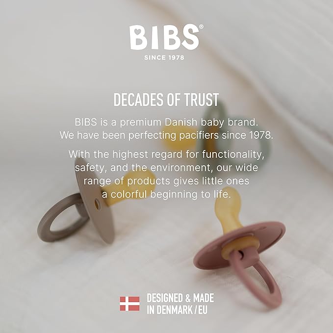 BIBS Pacifiers 6-18 Months | 2-Pack Soothers | Symmetrical Nipple | BPA-Free Natural Rubber | Made in Denmark | Iron/Baby Blue Colour Pacifier
