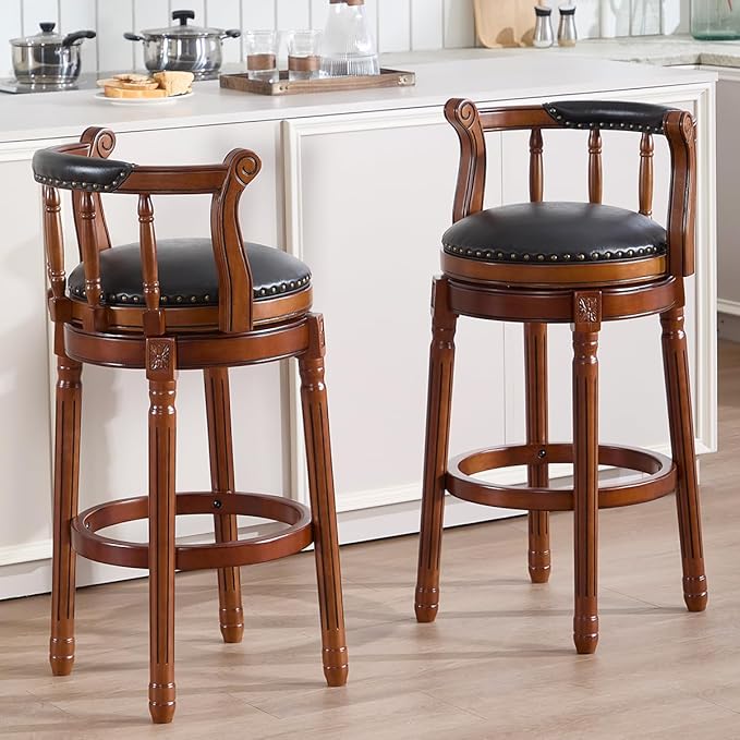 Cow top Leather Wooden Bar Stools, 360 Degree Swivel Bar Height Chair with Backs for Home Kitchen Counter, Morden Chair Barstools (Black, Bar Height-Seat Height 29.5”)