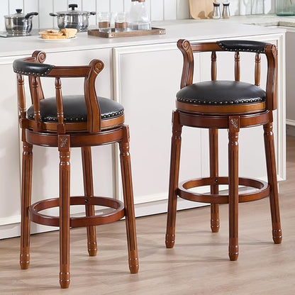 Cow top Leather Wooden Bar Stools, 360 Degree Swivel Bar Height Chair with Backs for Home Kitchen Counter, Morden Chair Barstools (Black, Bar Height-Seat Height 29.5”)