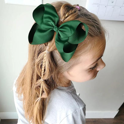 DEEKA 2 PCS 6" Big Hand-made Grosgrain Ribbon Solid Color Hair Bows Alligator Clips Hair Accessories for Little Teen Toddler Girls Kids Set of 2 -Hunter Green