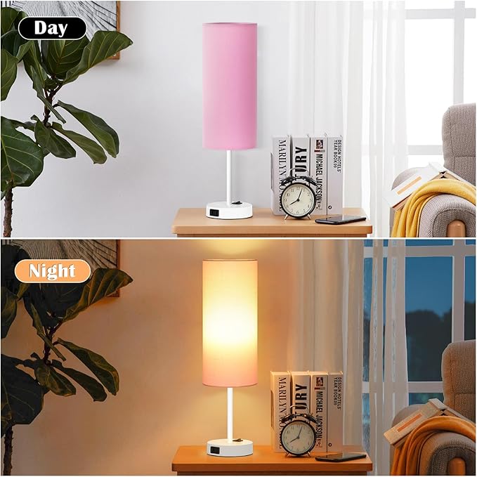 ZJOJO Table Lamp for Bedroom 2 Pack,18in Bedside Lamps with 3 Way Dimmable Rocker Switch & AC Outlet,Nightstand Desk Lamp with Pink Fabric Shade White Base for Living Room Home Decor Lights