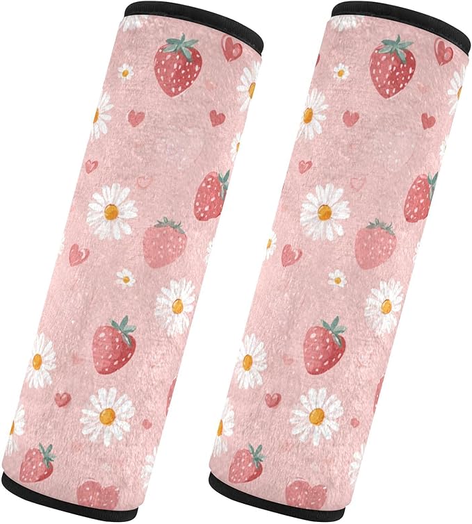 2 Pack Seatbelt Covers Seat Belt Cover Pad for Adults Boys Girls Car Seat Strap Covers Pads Cushion Universal Shoulder Strap Pad Protector for Backpack Camera Bag 6.5 Inch Pink Floral Strawberry Heart