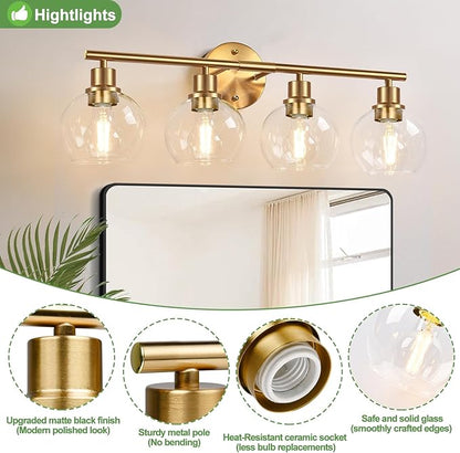 Indoi 4-Light Bathroom Light Fixtures,Gold Modern Vanity Lights Over Mirror with Clear Glass Globe Shade, Bathroom Wall Sconces for Mirror Kitchen Living Room Hallway Cabinet Bedroom Porch