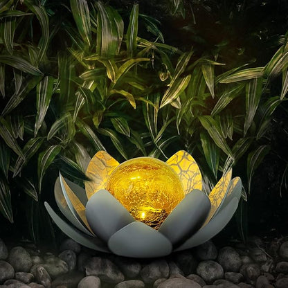 Huaxu Solar Lights Outdoor Garden Decor , Amber Crackle Globe Glass Lotus Decoration,Waterproof Gray Metal Flower Light for Patio,Lawn,Walkway,Tabletop,Ground